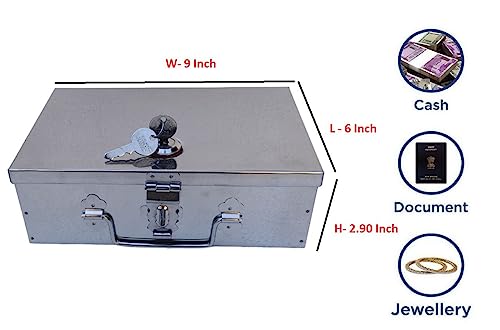 Image of Stainless Steel Storage Boxes, Cash Peti, Pooja Peti,Organizer, Vanity Box,Safe Locker Box -9 Inch Storage Box (With Pre fited Lock And 2 key) (Medium Poja 9)