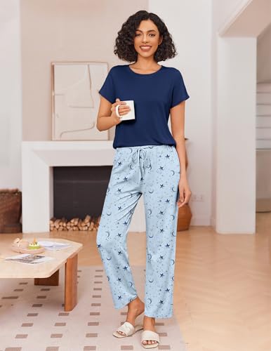 Image of Ekouaer Pajama Sets for Women Round Neck Pjs Short Sleeve Sleepwear with Long Pants Loose Lounge Sets