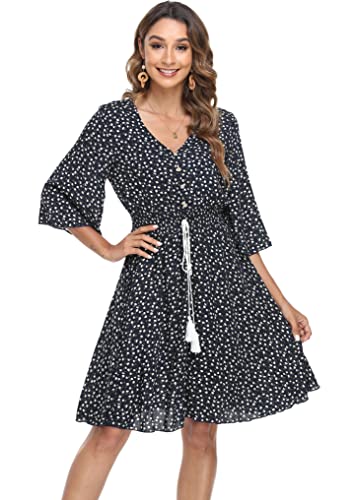 Image of VintageClothing Women's Floral Sundresses Flowy Boho Summer Beach Dress | Lightweight Breathable material,Elegant V Neck and Button Front Design,Flared Bell Sleeve Cut,Mini Casual dress