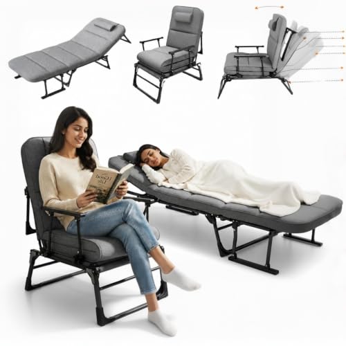 Image of 6-in-1 Adjustable Folding Bed for Adults with Cushion &Neck Pillow -6Ft Portable Recliner Camping Cot,Multi-Position Heavyduty Foldable Sleeping Bed for Home, Travel &Office Nap(200kg capacity)