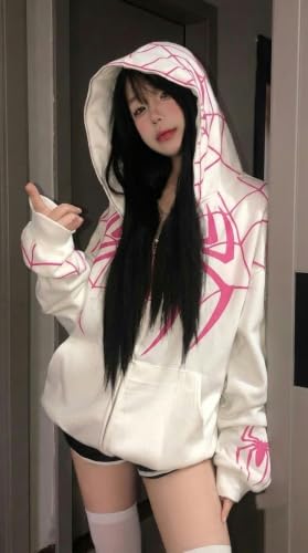 Image of Women's White Printed Hooded Sweatshirt with Front Zipper for Winter, Travel, Outdoor Outfit and Everyday Styling