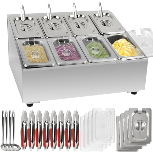 Kalolary 8 Pans Spice Rack Shelf, 2 Row Stainless Steel Spice Organizer Stand with Lids Spoons Countertop Inclined Holder Buffet Containers Set for Sauce Jam Fruits Ingredient Kitchen Restaurant