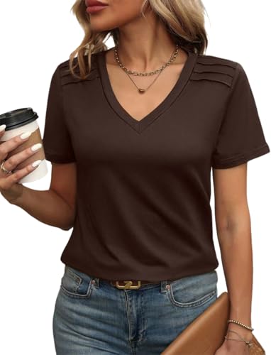 FUNBANG Short Sleeve Shirts for Women V Neck T Shirt Fashion Business Blouse Cute Clothes 2025 Summer Spring Outfits,Coffee Brown,L