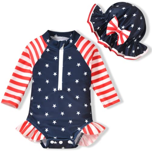 Image of Aalizzwell Baby Girls Long Sleeve One Piece Swimsuit with Hat