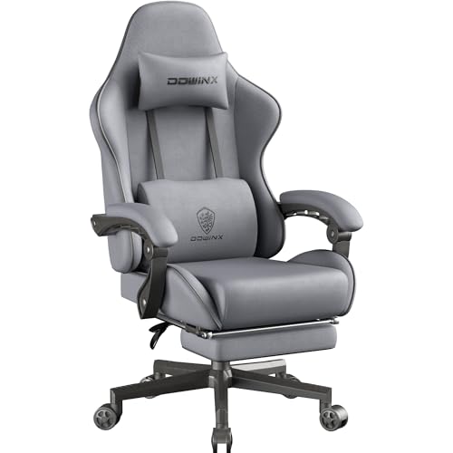 Dowinx Silla de juego con cojín de primavera, transpirable, de tela de, ergonómica, con reposacabezas, silla de escritorio giratoria con reposapiés (gris)