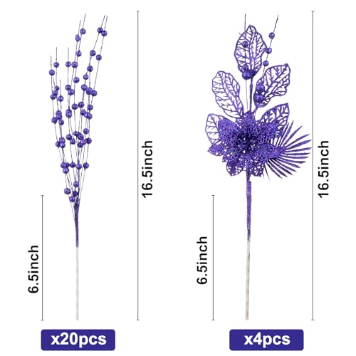 CristBest 24 Pack Christmas Tree Ornaments - Artificial Flowers Glitter Berry Stems Christmas Floral Picks Branches for Xmas Tree Decorations Vase Filler Holiday Wedding Party Home Decor (Purple) - image 2