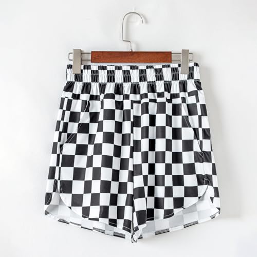 Women's High Waisted Checkered Shorts - Black, Regular, High Rise, Loose Fit, Gym/Running/Yoga, Checkered Pattern4