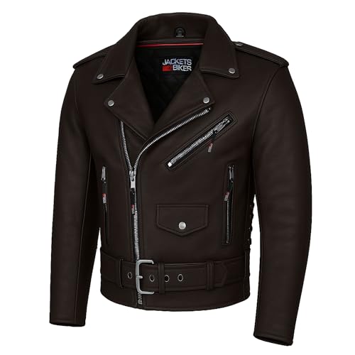 ICONIC Motorcycle Jacket for Men, Premium Buffalo Leather, Insulated Liner, Classic Side Laces, Cruiser Biker Brown L