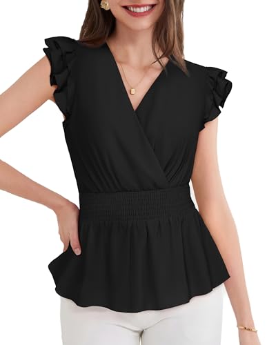 GRACE KARIN Blusa de gasa para mujer, cuello en V, ligera, manga corta, parte superior, informal, para verano, Negro-Liso, S