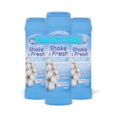 Image of Shake & Fresh Carpet Freshener Powder bundle - FRESH LINEN Scent - 3 x 500g (1.5kg Total) - Odour Eliminator for Rugs, Upholstery & Car Interiors - Pet & Cooking Smell Remover - Vacuum Deodoriser