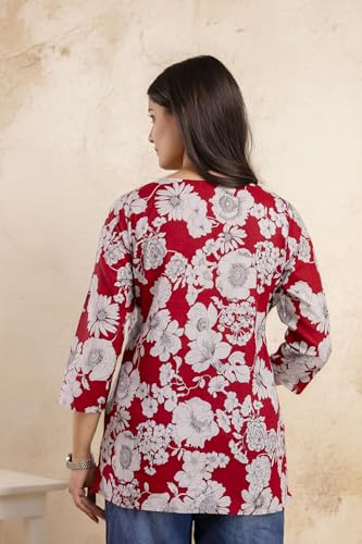 Image of Women's Floral Print Tunic Top, 3 /4 Sleeve, V-Neck, Casual Wear