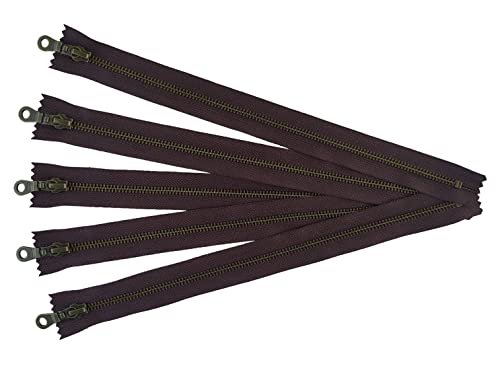 Antique Brass Metal Zippers in Dark Brown with Donut Pull - #5 Closed-end Zippers - 10 Inch - Set of 5 Pieces by Craftbot