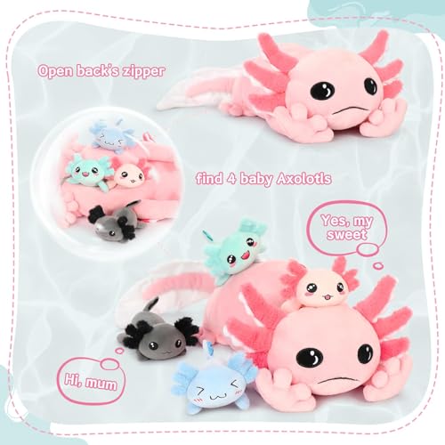 Image of MaoGoLan Pink Axolotl Stuffed Animal with Babies Inside, 31.5 inch, 5Pcs | Glow in The Dark Axolotl Plush Toy Set, Axolotl Stuffy Salamander Body Pillow, Girl Boy Kid Birthday Gift Baby Shower Decor