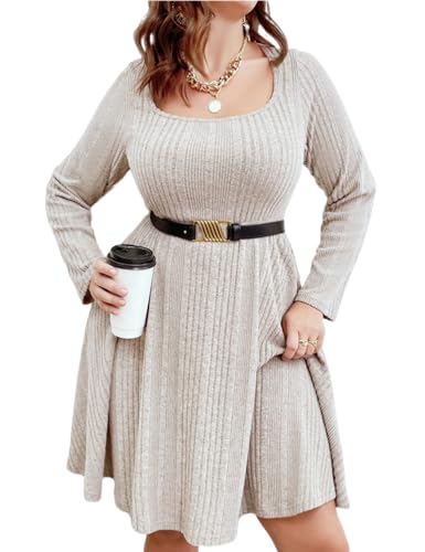 Image of Women's Plus Size Casual Sweater Dress Square Neck Long Lantern Sleeve Tie Waist Loose Pullover Sweater Dresses