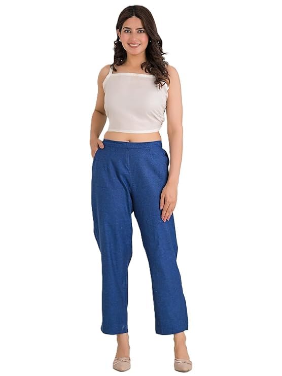 Image of Women's Solid Straight Fit Cotton Trousers | Slim Fit | Trousers for Women | Casual & Office Wear Bottom for Daily