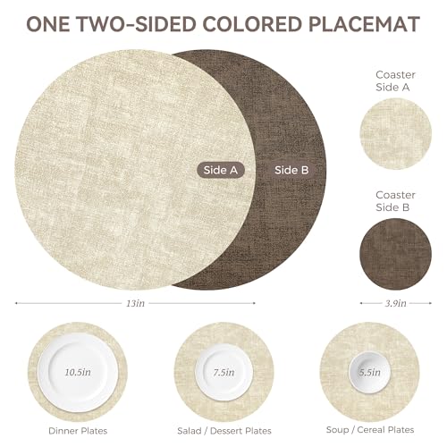 Image of 13 inch Round Placemats Set of 4, NCUE Dual-Sided Faux Leather Heat Resistant Table Mats, Waterproof Oilproof Washable Protective Table Placemats with Coaster, Wipeable Vinyl for Indoor & Outdoor Use