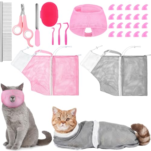 Image of 10 Pcs Cat Bathing Bag Set Mesh Shower Bag Anti Bite and Scratch Pet Grooming for Washing Brush, Cat Muzzle, Nail Clipper, Nail File, Tick Tool (Gray and Pink)