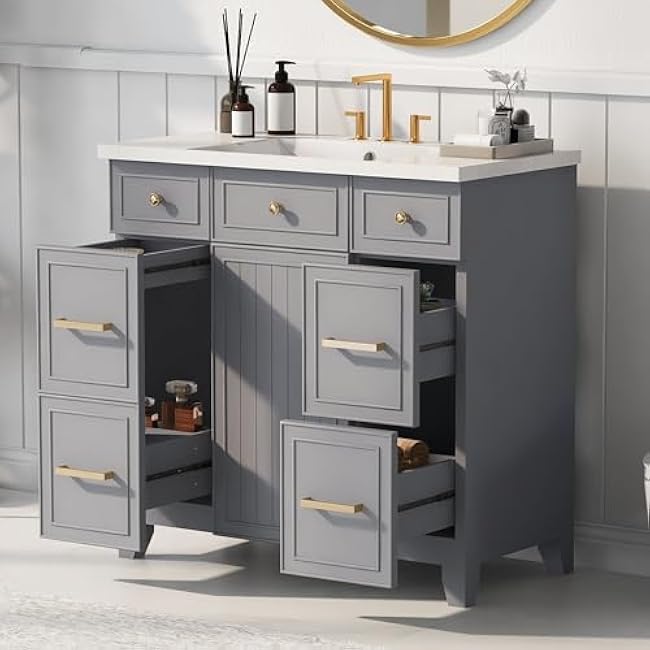 36 Bathroom Vanity Cabinet with Sink Top Combo Set, Grey, Single Sink, Shaker Cabinet with Soft Closing Door and Drawer CQ305