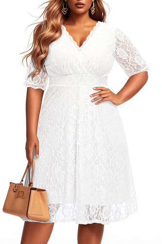 Women's Plus Size Wedding Guest Cocktail Party Semi Formal Lace Wrap V Neck Knee Length Dress White Size 22 - Thumbnail 4