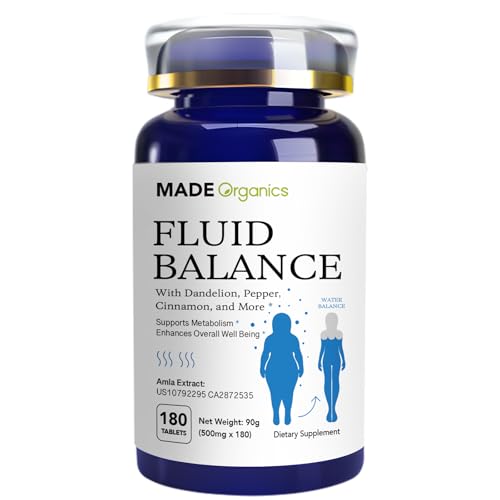 MADE Organics Water Retention Pills, Natural Diuretic for Bloating Relief & Fluid Balance, Herbal Supplement with Patented Amla & Dandelion, Vegan, Non-GMO, 180 Tablets