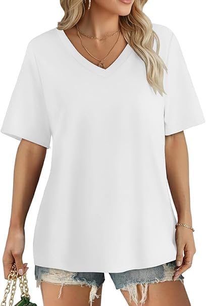 Women's V-Neck T-Shirt, Short Sleeve, Casual Loose Fit Top, White, Solid Color