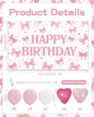 Pink Bow Happy Birthday Decorations, 12 Inch Balloons and Backdrop — 사진 2