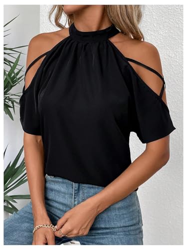 SweatyRocks Women's Cold Shoulder Criss Cross Mock Neck Short Sleeve Blouse Shirts3