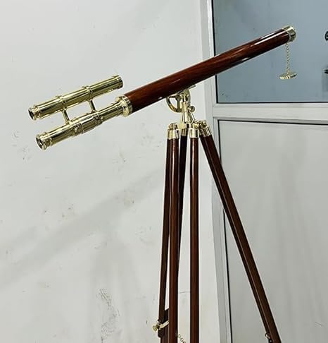 Vintage Handmade Nautical Double Barrel Telescope 39 Easy Adjustable Marine Spyglass with Wooden Tripod Stand Lightweight Floor Telescope for Home & Office Decor