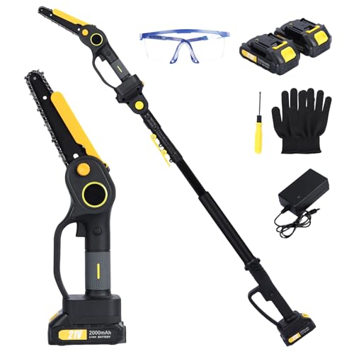 Tronconneuse a Batterie 2 en 1, Mini Tronconneuse a Batterie avec 2 Batteries de 2,0 Ah, Scie à Perche sans Fil de 4,9 à 7,5 Pieds pour l'Élagage des Arbres (Noir)