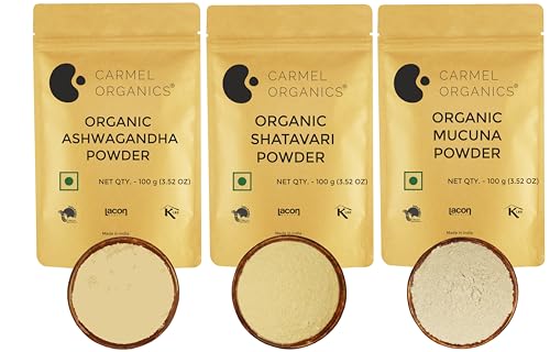 Image of Carmel Organics Combo of Ashwagandha Powder, Shatavari Powder and Mucuna Powder (100 Gram Each) | Jaivik Bharat Certified | Non-GMO | No Added Preservatives