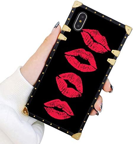 Square Case Compatible iPhone Xs iPhone X Case Red Lips Luxury Elegant Soft TPU Shockproof Protective Metal Decoration Corner Back Cover iPhone XS/X/10 Case 5.8 Inch