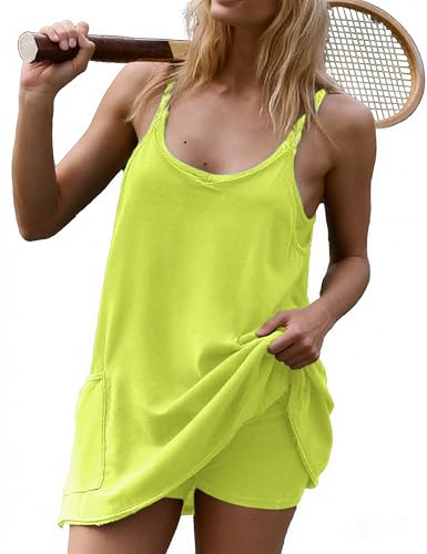 Image of Womens Athletic Sundress with Built-in Shorts Golf Tennis Romper | Sleeveless Mini Spaghetti Strap dress Functional side pockets tummy-friendly fit casual beach vacation