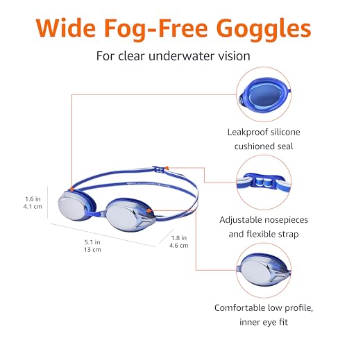 Image of Amazon Basics Unisex Swim Goggles for Adults, Anti-Fog, Unisex, Wide View, 4 Interchangeable Nosepieces