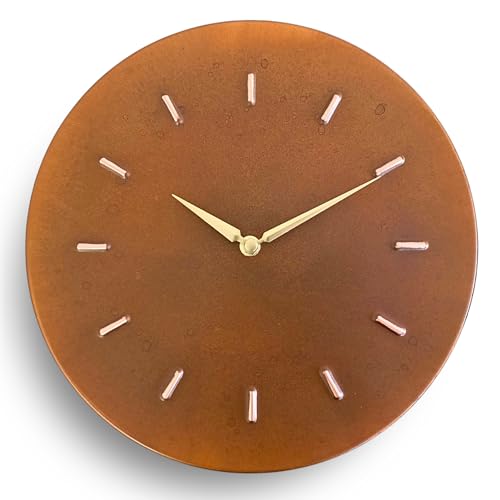 12 Inch Rusty Patina Real Copper Rustic Farmhouse Non-Ticking Silent Battery Operated Small Wall Clock for Living Room Wall Decor, Kitchen, Bedroom, Office (Gold Colored Hands)