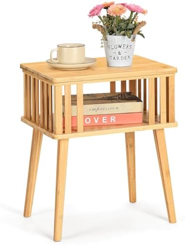 NANANARDOSO Small Nightstand Bedside Table,，Bamboo End Table with Open Storage Compartments，Minimalist End Table Furniture for Living Room or Bedroom