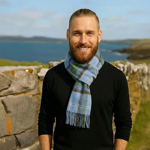 Image of Biddy Murphy 100% Irish Wool Scarf for Women & Men, Soft & Warm, Plaid Light Blue Green Check Tartan, 12 inch x 60 inch