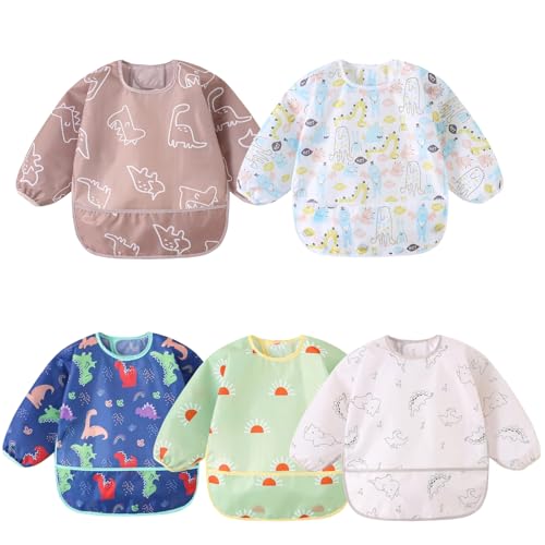 Yealoo Baberos de manga larga 5 piezas, bebe babero impermeable delantal de alimentación con bolsillos 3-30 meses, 5 unidades A, Talla única