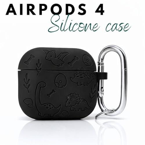 Image of Emoh Roced Case for Airpod 4 with Keychain,Silicone Dinosaur Engraved Cases Compatible with Apple AirPods 4th Generation 2024, Anti-Scratch, Protective Case Cover (Black, for AirPods 4)