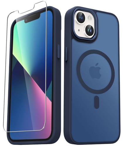 YENAPOON for iPhone 14 Case, iPhone 13 Case, with 1 Screen Protector, Matte Magnetic Slim Phone Cover, Support for Magsafe, Shockproof Protection Translucent Frosted Back,Navy Blue