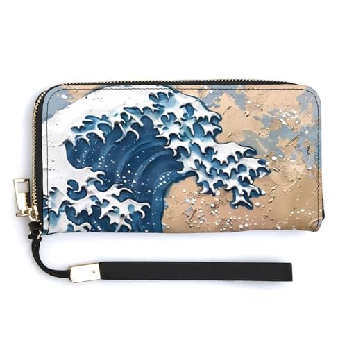 The Great Wave of Kanagawa Art Long Wallet PU Leather Credit Card Holder Purse Coin Pocket with Hand Strap