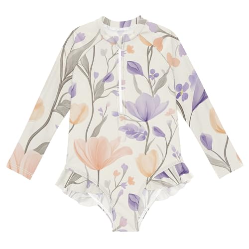 Girls One Piece Swimsuits Long Sleeve Swimsuit Zipper Bathing Suits Purple and Flesh-Colored Flowers Pattern