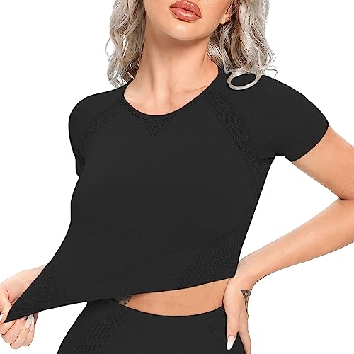 Fittoo Women's Short Sleeves Workout Crop Tops Seamless Sports Shirts Fitness Activewear Black L #TOP2