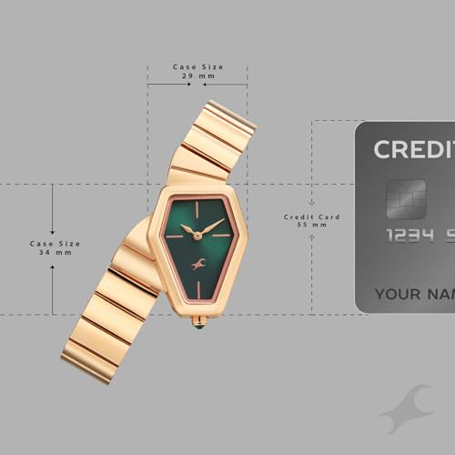 Image of Fastrack Wild Viper-Inspired Unique Shaped Green Dial IP Rose Gold Stainless Steel Strap Watch for Women - 6323WM01