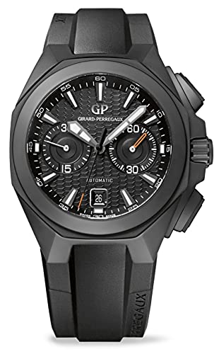Girard Perregaux Chrono Hawk Automatic Men's Watch, Black Dial, Black Rubber Band, 44mm Ceramic Case, 100m Water Resistant, Chronograph, Skeleton Face, Deployment Clasp