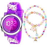 女の子 デジタル 腕時計 子供 7色LED 防水 ストップウォッチ アラーム ジュエリーセット ネックレス ブレスレット シール ギフト プレゼント (ユニコーンパープル)