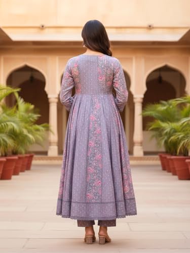 Image of Pure Cotton Anarkali Kurta Set for Women with Dupatta | 3 Piece Cotton Anarkali Suit | Floral Aari Work | Flared Ethnic Wear