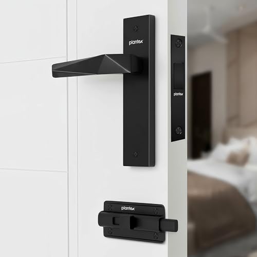 Image of Plantex Heavy Duty Door Lock - Bathroom Door Lock /Mortise 8inch Keyless Plate Handle Set for Home /Bathroom /Store Room /Balcony /Office with Baby Latch (8129- Z-Black)