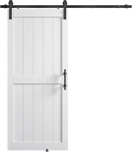 Puerta corrediza de granero MDF de 36 x 84 pulgadas con kit de herrajes para puerta de granero de 6.6 pies y asa, agujeros preperforados, fácil