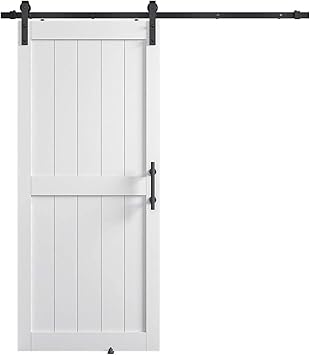 36in x 84in MDF Sliding Barn Door with 6.6ft Barn Door Hardware Kit & Handle, Pre-Drilled Holes Easy Assembly -Solid Barn Door Slab Covered with Water-Proof PVC Surface, White, H-Frame