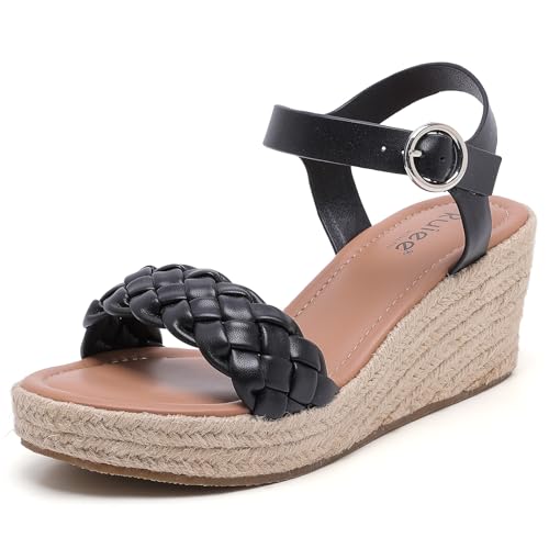 Wide Width Wedges Sandals for Women, Summer Platform Wedge Heels Wide Feet Braided Ankle Strap Women Summer Wedge Beach Sandals. 10 X-Wide Black 0903